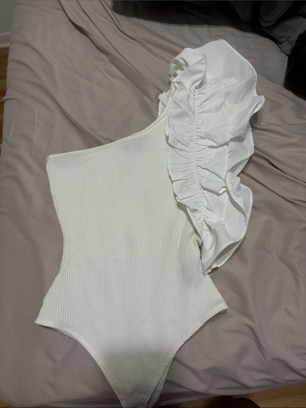 Vici White One-Shoulder Ruffle Bodysuit